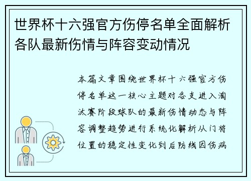 世界杯十六强官方伤停名单全面解析各队最新伤情与阵容变动情况